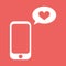 Cellphone with with talk bubble and heart shape. Flat vector illustration. Love message icon.