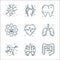 cells organs and medical line icons. linear set. quality vector line set such as intestine, human lungs, neuron, lungs, heartbeat