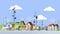 Cellular towers in city illustration. Communication towers next to residential buildings distribute internet and