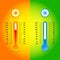 Celsius and fahrenheit meteorology thermometers measuring heat and cold, isolated vector illustration.