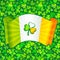Celtic clover on Irish flag at green clovers