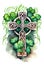 Celtic cross decorated with green clovers, watercolor card, ai generation