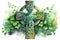 Celtic cross decorated with green clovers, watercolor card, ai generation