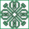 Celtic endless knot in clover with hearts elements in tile shape in black and green cross stitch pattern
