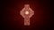Celtic gold cross rotates around an axis on a dark red background. Seamless looping