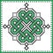 Celtic knot in cross stitch in green black on white and green background inspired by Irish St Patrick`s day and ancient Scotland