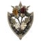 Celtic Scottish brooch in the shape of a shield with crown, Scottish Thistle adorned with stones like garnet and amber