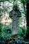 Celtic stone cross monument covered with ivy on a graveyard