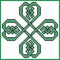 Celtic style endless knot pattern in clover shape with hearts elements in tile, in black and green cross stitch inspired by Iris