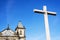 Cement cross of Boa Viagem church against blue sky