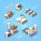 Cement factory. Stage of concrete production production manufactory equipment for work mixer vector isometric