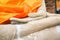 Cement hand of buddha statue in public temple at Thailand