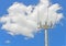 Cement power pole and three electricity lines in cloudy blue sky