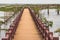 The cemented bridge connects the path to the lake in the middle of the water on a clear day. In beautiful nature