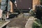 Cementing garden paths on top of metal mesh, construction work in the garden