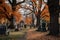 cemetery during autumn, with the leaves changing color and falling to the ground