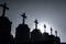 Cemetery or graveyard in the night with dark sky. Headstone and cross tombstone cemetery. Rest in peace concept. Funeral concept.