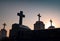 Cemetery or graveyard in the night with dark sky. Headstone and cross tombstone cemetery. Rest in peace concept. Funeral concept.