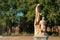 Cemetery graveyard with old prayer praying stature with lush trees beyond in a religious solemn scene