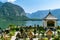 Cemetery of Hallstatt, Austria in front of Gosauseen lake and high mountains landscape