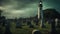 cemetery at night A scary lighthouse in a haunted cemetery, with graves,