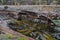 Cemetery of old ships Teriberka Murmansk Russia, wooden remains of industrial fishing boats in sea. Industrialization