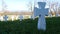 Cemetery in summer, many white graves in the green grass