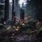 a cemetery with tombstones and flowers in the woods