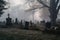 A cemetery with tombstones and trees in the fog. AI generative image.