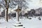 Cemetery winter cityscape with snow