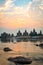 Cenotaphs Chhatris on the bank of the Betwa River at sunset.