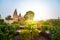 Cenotaphs at Orchha, Madhya Pradesh. Also spelled Orcha, famous travel destination in India. Moghul gardens, blue sky.