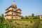 Cenotaphs at Orchha, Madhya Pradesh. Also spelled Orcha, famous travel destination in India. Moghul gardens, blue sky.