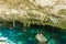 Cenote Dos Ojos in Quintana Roo, Mexico. People swimming and snorkeling in clear water. This cenote is located close to Tulum in