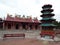 Censer in the shape of a pagoda in front of the main facade of the Vihara Gunung Timur temple in Medan