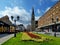 Center of the city, Novi Sad, view to the church of the Name of Mary and spring flowers