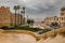 center of jerusalem. Central square, administrative buildings, large houses, few people, rain