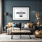 In the center of the room hangs a horizontal frame masterpiece mockup, showcasing a stunning piece of art that perfectly ties