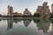 Center of Santa Cruz, the capital of Tenerife. Spain square Plaza de Espana with big artificial fountain lake. Favorite resting