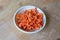 Centered bowl of organic gourmet cinnabar chanterelle mushrooms, food delicacy