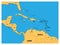 Central America and Carribean states political map. Yellow land with black country names labels on blue sea background