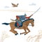 Central Asian warrior horseman, attack in battle. Isolated vector illustration in flat cartoon style