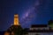 Central clock in the town of Arachova in Greece against the milky way.