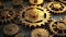 A central golden cogwheel stands out amidst a ring of metallic cogwheels. Ai Generated