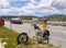 Central Greece, June 2020: Art object skeleton on a motorcycle-chopper Ghost rider on the autobahn in Greece