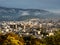 Central Matsumoto city at sunset, scenic view from Joyama park observation tower