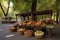 central park food stand, with wooden sign and baskets of freshly picked fruits