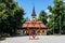 The central square of the city of Sigtuna. Old wooden church built at the past centuries. Landmarks of the ancient capital of