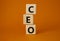 CEO - hief executive officer symbol. Concept word CEO on wooden cubes. Beautiful orange background. Business and CEO concept. Copy
