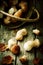 Cepes in a basket on an old wooden table